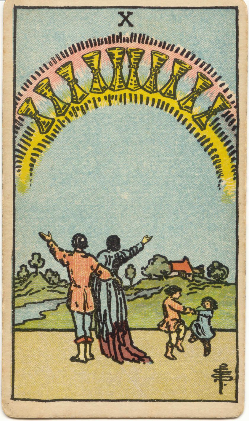 Карта Таро Десятка Кубков, 1909 год: пара поднимает руки к десяти кубкам на радуге, рядом танцуют двое детей